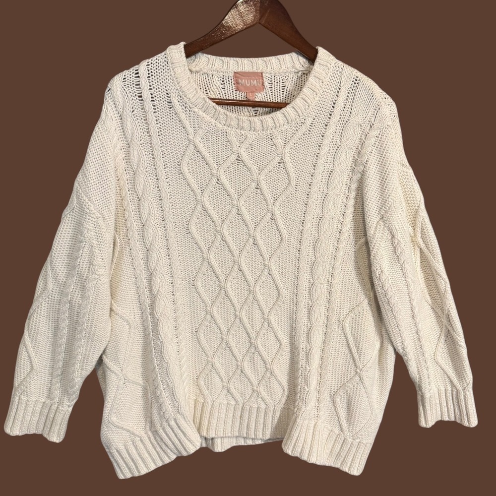 Show Me Your Mumu Day to Day Sweater Cream Cable Knit 100% Cotton Sz L Oversized